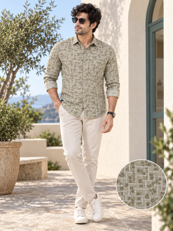 Sage Green Geometric Floral Print Linen-Blend Shirt - Image 3