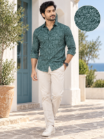 Men's Forest Green Botanical Print Long Sleeve Casual Shirt - Image 3