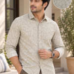 Men's Beige Botanical Leaf Print Premium Cotton Shirt