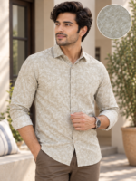 Men's Beige Botanical Leaf Print Premium Cotton Shirt