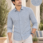 Men's Light Blue Leaf Print Slim-Fit Casual Shirt