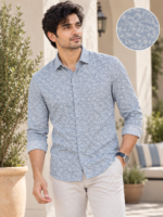 Men's Light Blue Leaf Print Slim-Fit Casual Shirt