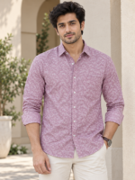 Dusty Rose Men's Leaf Print Cotton Button-Down Shirt