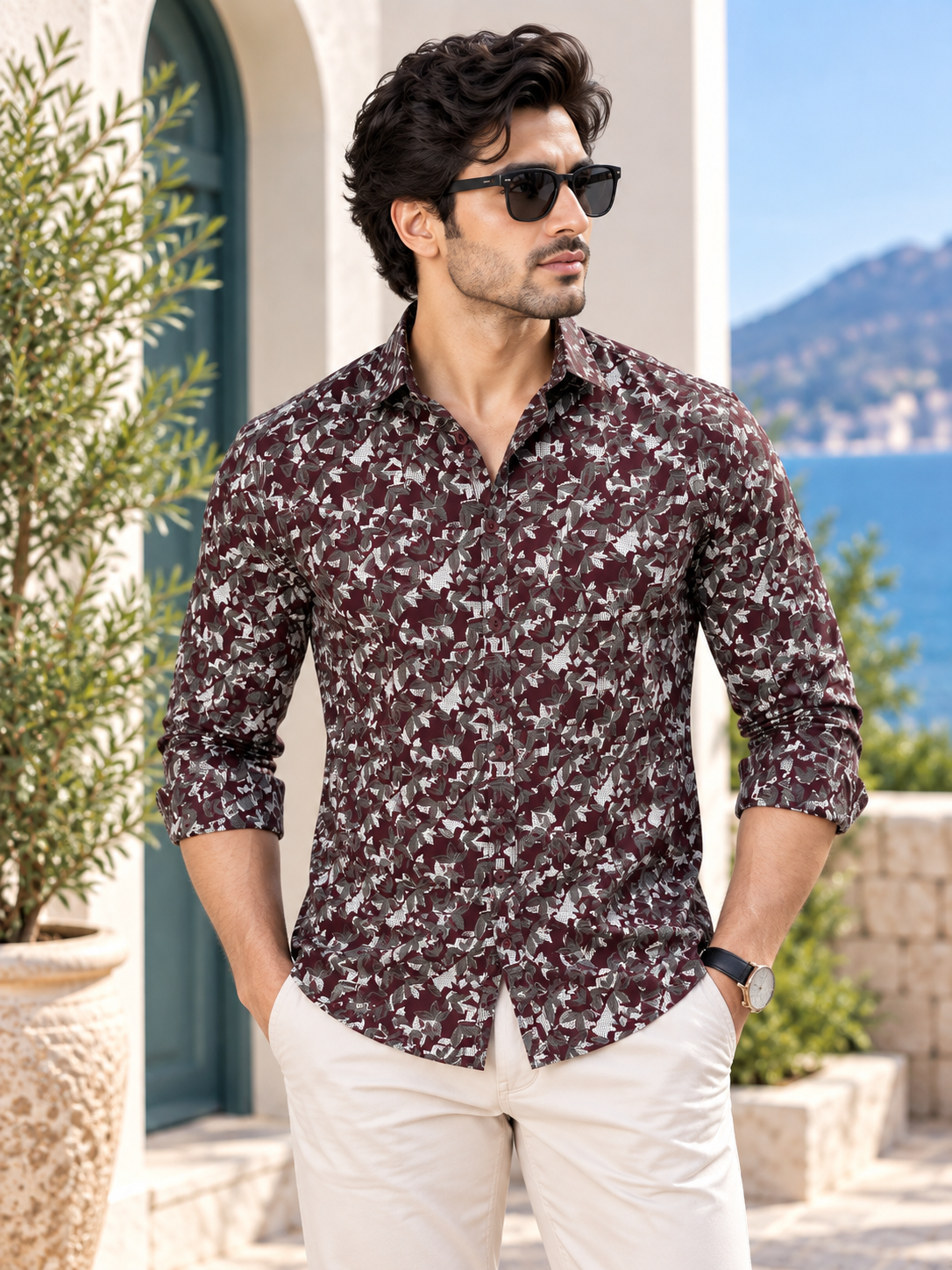 3d27138e-b940-4338-a1f8-9c608ada14f3 Men's Burgundy Abstract Print Premium Cotton Casual Shirt - Image 1