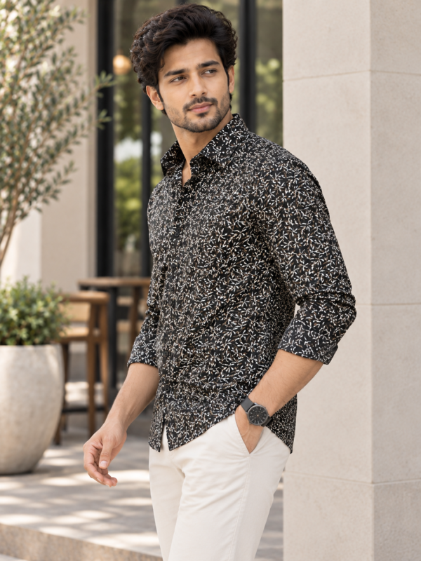Modern Black Leaf Print Slim-Fit Casual Shirt - Image 2