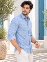 Azure Mediterranean Print Men's Casual Long-Sleeve Shirt - Image 2