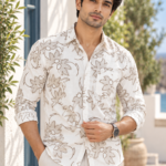 Men's Beige Floral Print Linen-Blend Casual Shirt