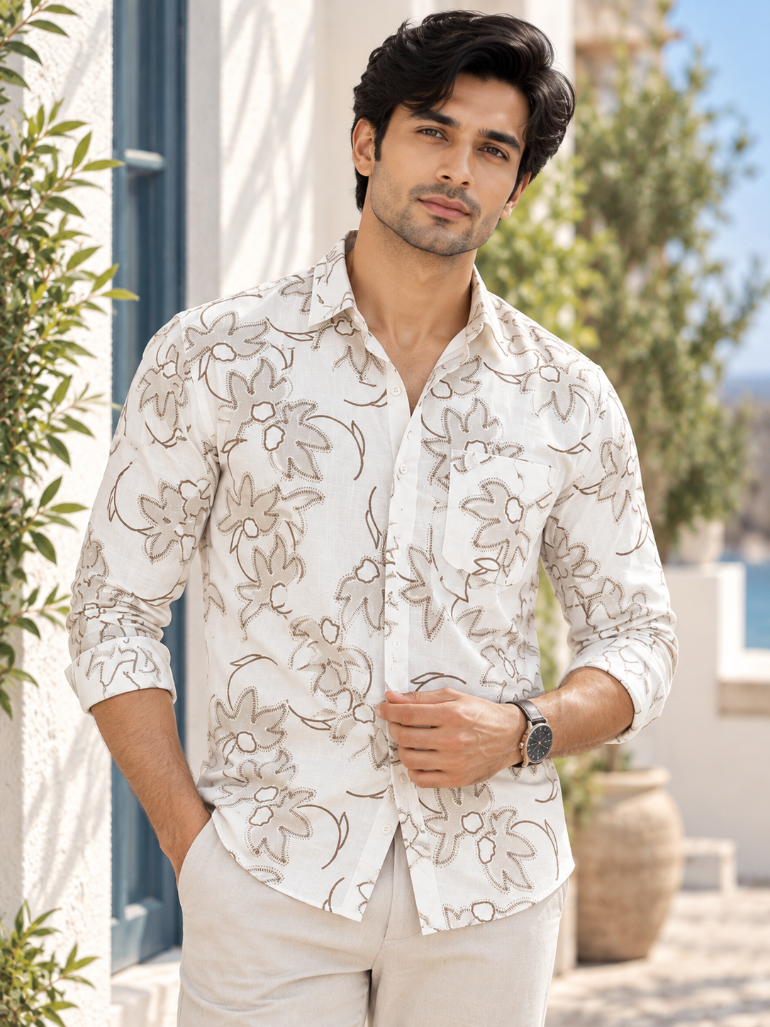 52e19048-eae6-46eb-a75c-a054f3069674 Men's Beige Floral Print Linen-Blend Casual Shirt - Image 1