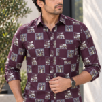 Burgundy Vintage-Print Long Sleeve Casual Shirt