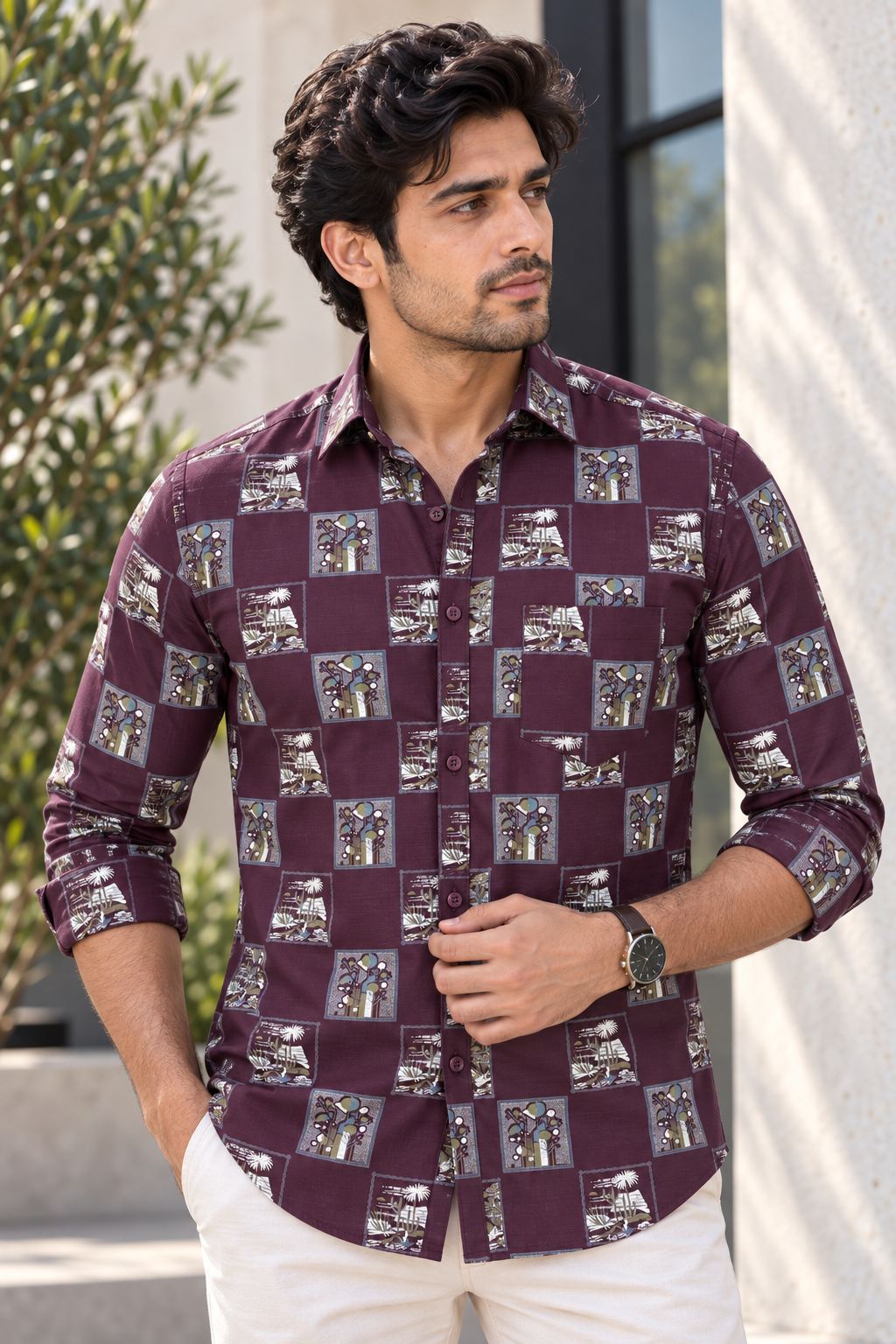 5b185027-c1f3-4dc3-8359-6362d80fbe10 Burgundy Vintage-Print Long Sleeve Casual Shirt - Image 1