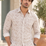 Men's Beige Leaf Print Casual Button-Down Shirt