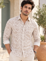 Men's Beige Leaf Print Casual Button-Down Shirt