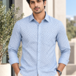 Men's Light Blue Geometric Print Long Sleeve Casual Shirt