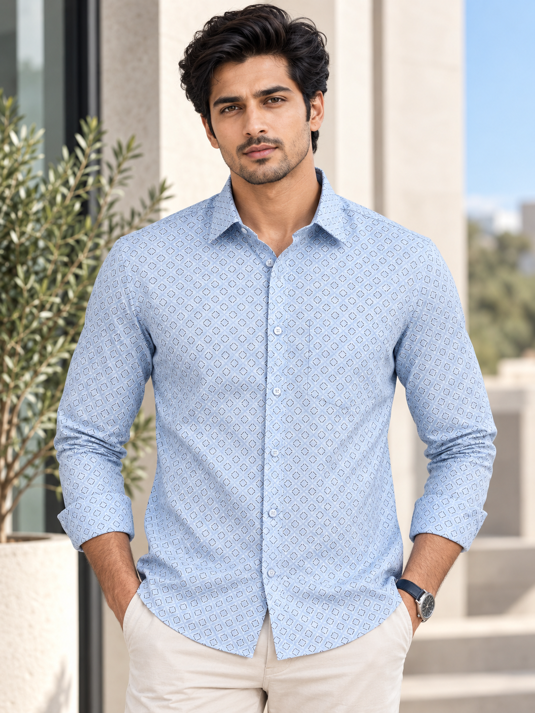 5cb91347-af1a-42d0-a5db-fafa6d4f35d3 Men's Light Blue Geometric Print Long Sleeve Casual Shirt - Image 1