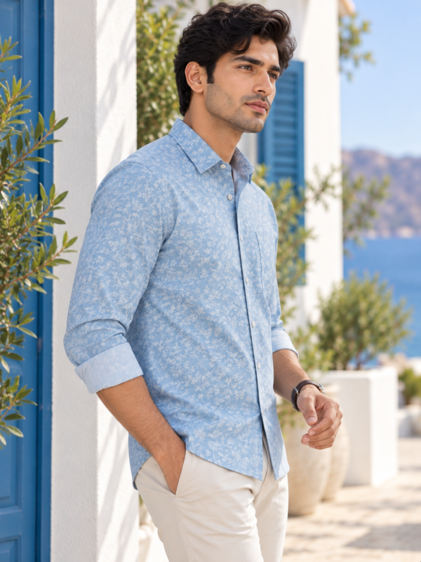 Coastal Blue Floral Print Long-Sleeve Cotton Shirt - Image 2