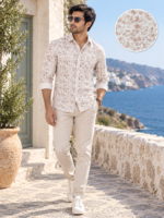 Men's Beige Leaf Print Casual Button-Down Shirt - Image 3