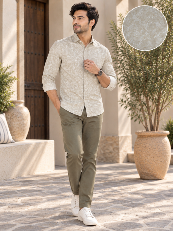 Men's Beige Botanical Leaf Print Premium Cotton Shirt - Image 3