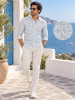 Mediterranean Blue Leaf Print Cotton Shirt - Image 3
