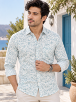Coastal Breeze Men's Eucalyptus Print Linen-Blend Shirt