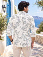 Men's White Floral Print Linen Blend Casual Shirt - Image 4