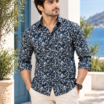 Men's Navy Geometric Print Long-Sleeve Shirt