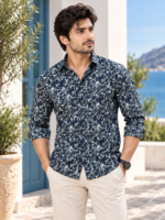 Men's Navy Geometric Print Long-Sleeve Shirt