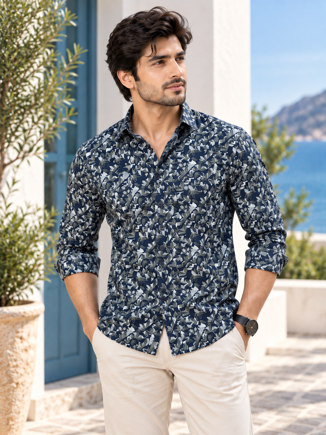 732bf653-246f-47a0-86bc-909433592c05 Men's Navy Geometric Print Long-Sleeve Shirt - Image 1