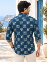 Men's Navy Geometric Print Casual Button-Down Shirt - Image 4