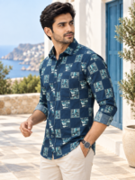 Men's Navy Geometric Print Casual Button-Down Shirt - Image 2