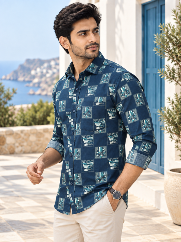 Men's Navy Geometric Print Casual Button-Down Shirt - Image 2
