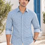 Coastal Blue Floral Print Long-Sleeve Cotton Shirt