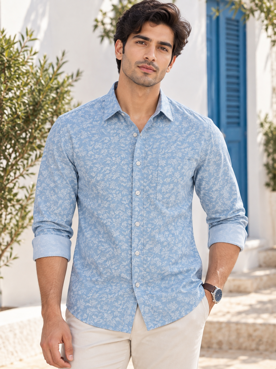 74753f64-0ff8-465f-9d25-0a2b83fe8633 Coastal Blue Floral Print Long-Sleeve Cotton Shirt - Image 1