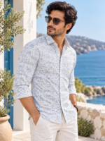 Mediterranean Blue Leaf Print Cotton Shirt - Image 2