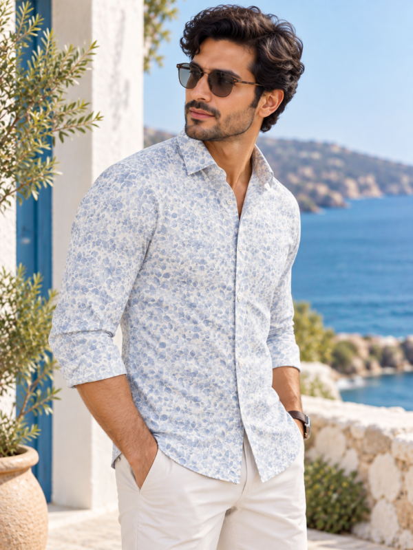 Mediterranean Blue Leaf Print Cotton Shirt - Image 2