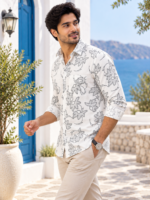 Men's White Floral Print Linen Blend Casual Shirt - Image 2