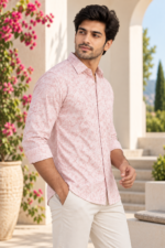 Men's Dusty Rose Floral Print Casual Linen-Blend Shirt - Image 2