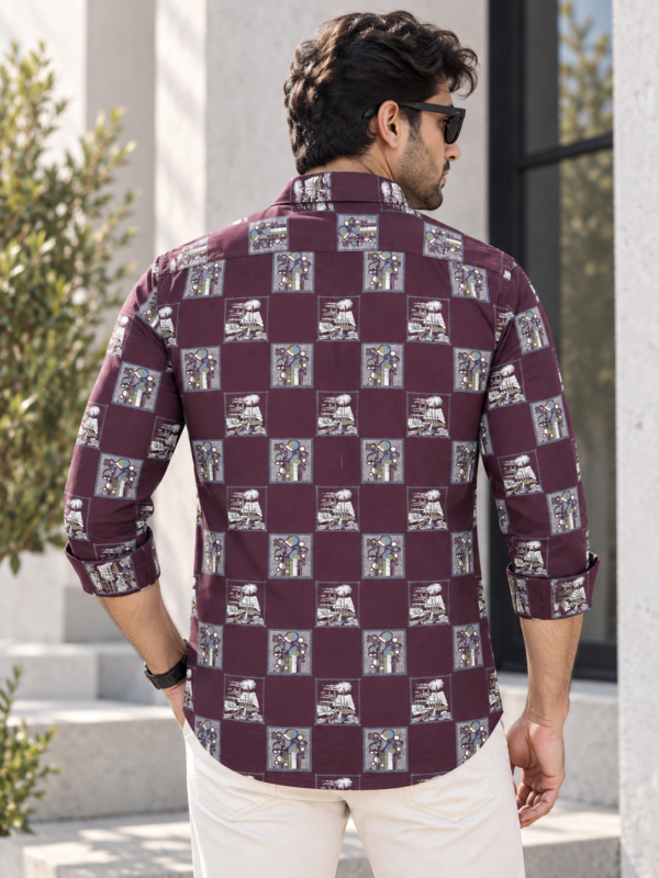 Burgundy Vintage-Print Long Sleeve Casual Shirt - Image 4