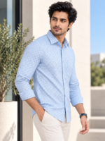 Men's Light Blue Geometric Print Long Sleeve Casual Shirt - Image 2