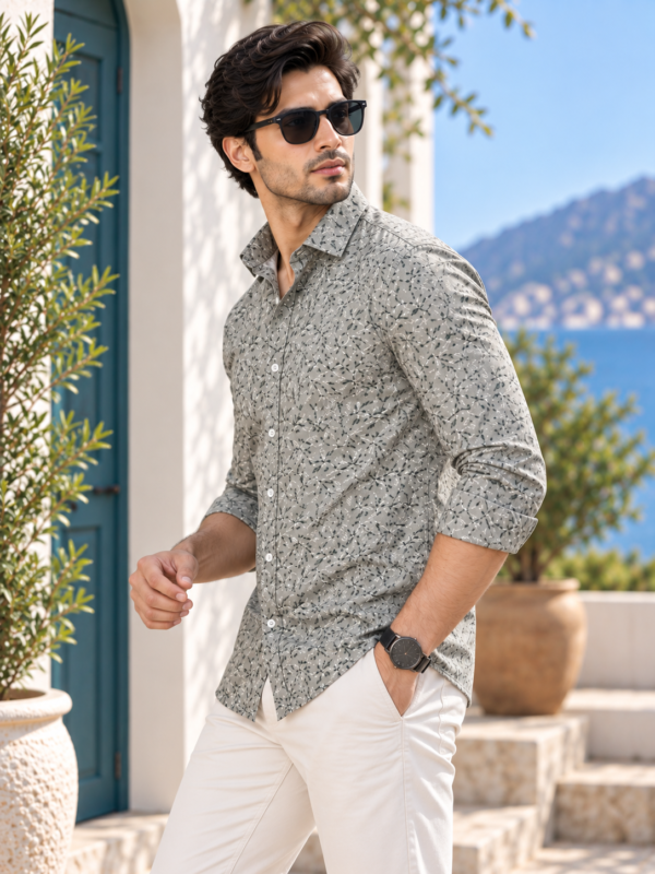 Men's Sage Green Floral Print Long-Sleeve Cotton Shirt - Image 2