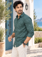 Men's Forest Green Botanical Print Long Sleeve Casual Shirt - Image 2