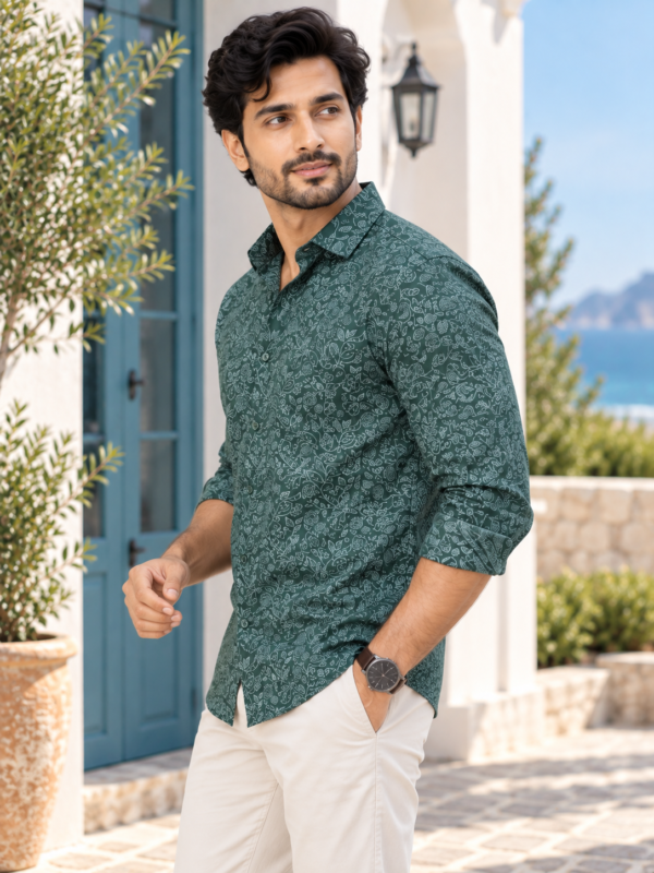 Men's Forest Green Botanical Print Long Sleeve Casual Shirt - Image 2