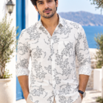 Men's White Floral Print Linen Blend Casual Shirt