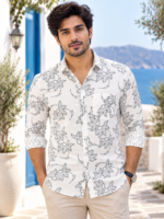 Men's White Floral Print Linen Blend Casual Shirt