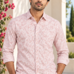 Men's Dusty Rose Floral Print Casual Linen-Blend Shirt