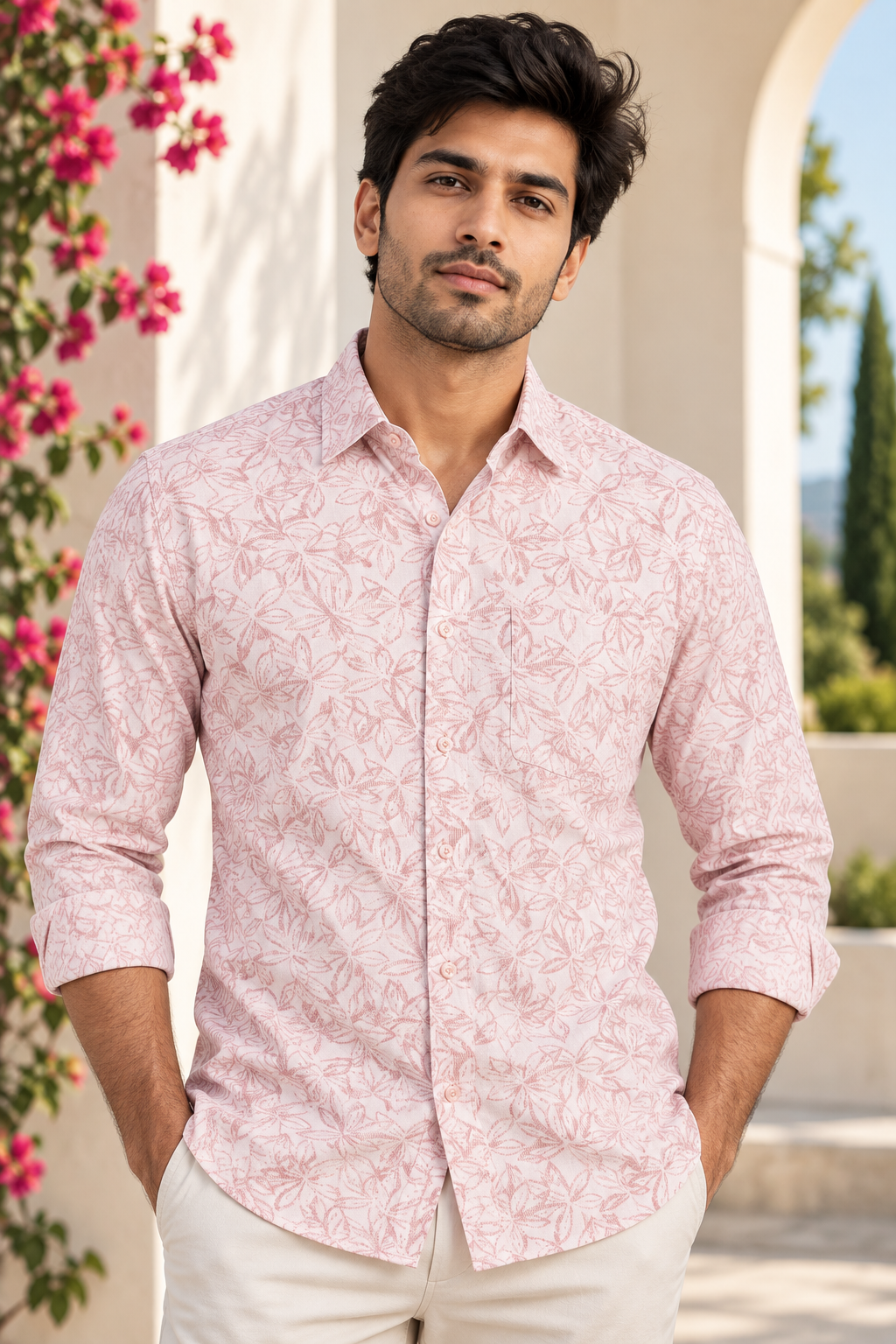 a7b6c048-3a39-4bb6-aa0b-9c2edd48e657 Men's Dusty Rose Floral Print Casual Linen-Blend Shirt - Image 1