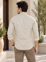 Men's Beige Botanical Leaf Print Premium Cotton Shirt - Image 4