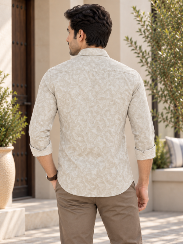 Men's Beige Botanical Leaf Print Premium Cotton Shirt - Image 4