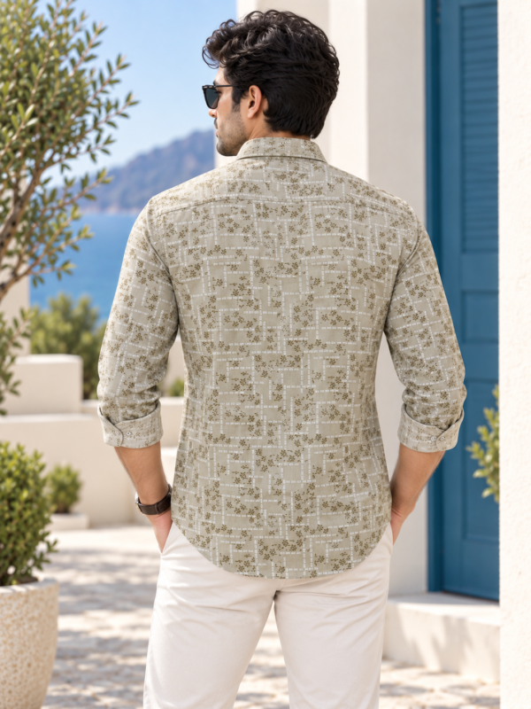 Sage Green Geometric Floral Print Linen-Blend Shirt - Image 4