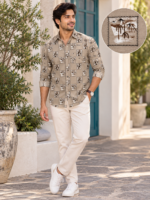 Men's Desert Palm Print Khaki Casual Shirt - Image 3