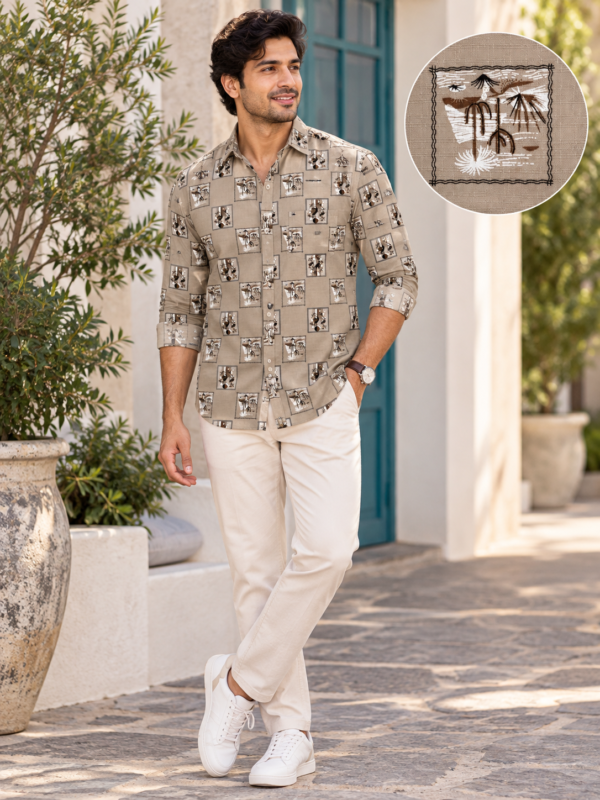 Men's Desert Palm Print Khaki Casual Shirt - Image 3